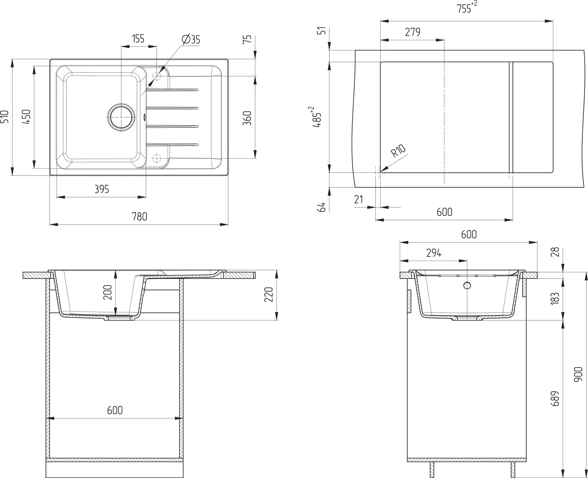 Мойка Ulgran QUARTZ Gerda U780-07 Уголь
