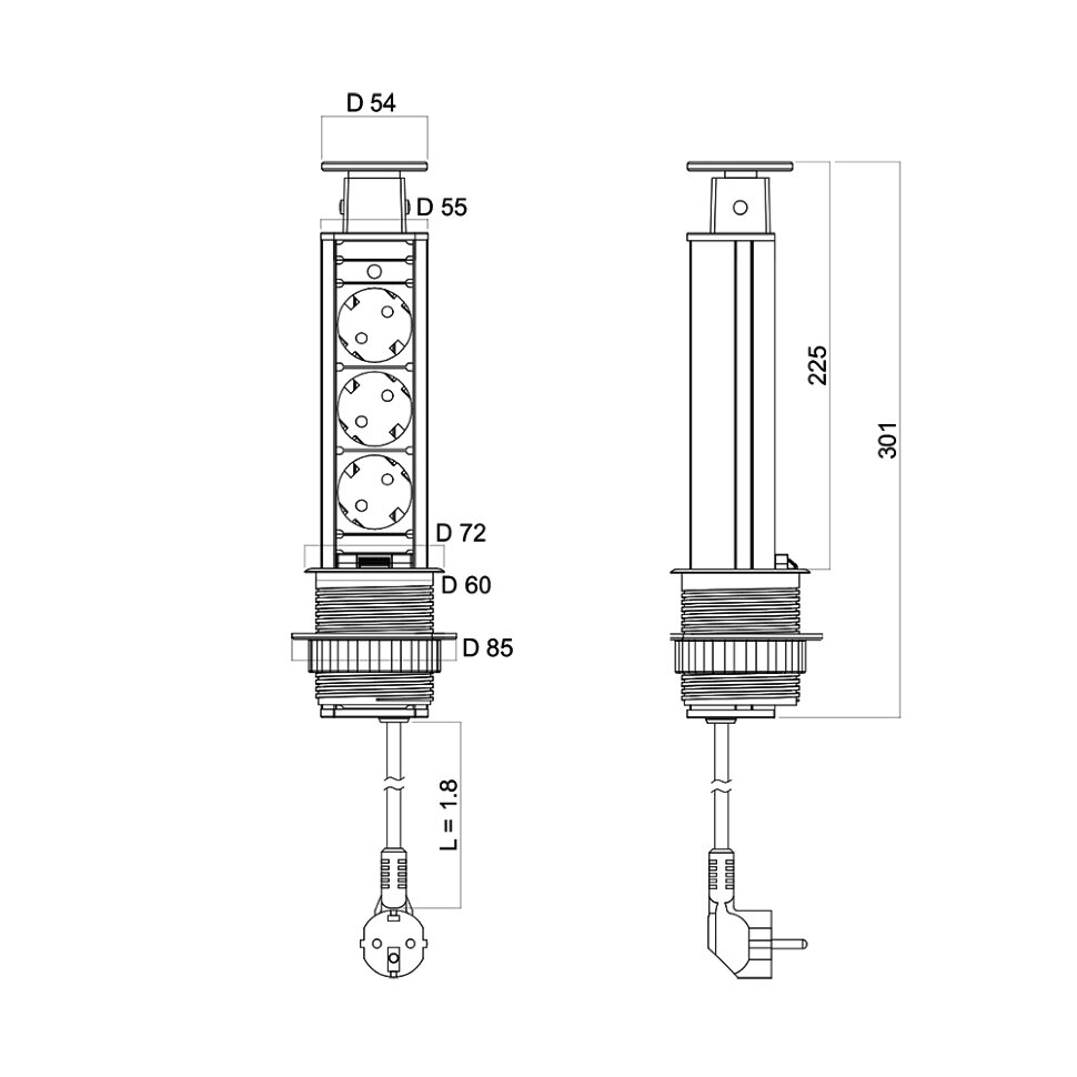 11.800.02.051 Бл.роз.выдв.вертик. POP UP Compact,3роз.EURO, D=60мм, 1,8m кабель с вилкой EURO,белый