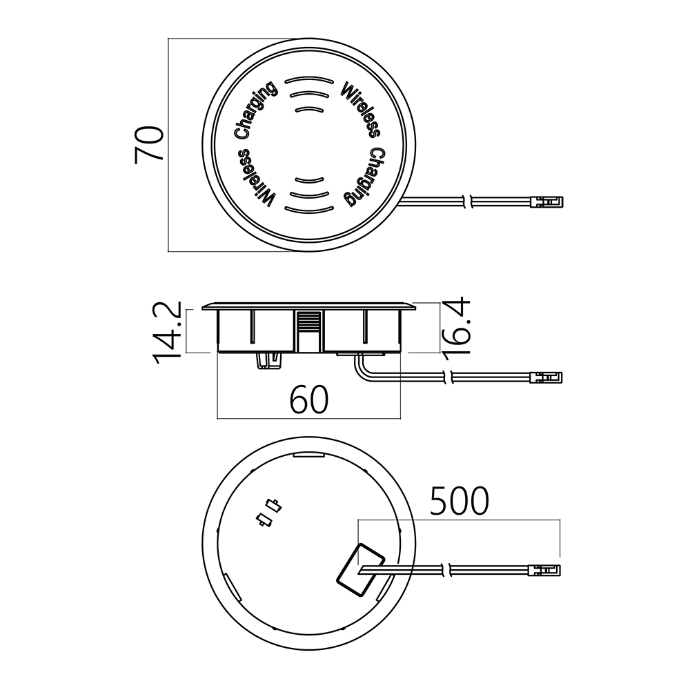 19.143.38.167 КСС Ист.пит.беспров.зарядка встр.D=70 х16мм,IP44, серебр,12В, 2А, провод 2м с коннект.