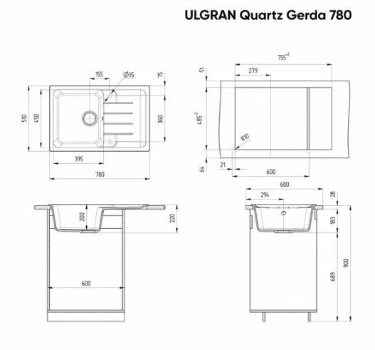 Мойка Ulgran QUARTZ Gerda U780-04 Платина