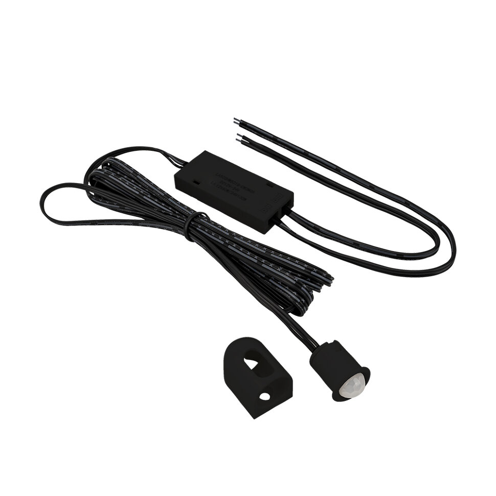 08.800.00.350 Выключатель PIR-12/24, с выносным датчиком движения D=15мм на 2м белом проводе с коннектором, белый, 12/24В, 60/100Вт, 1-3м, 120°, 30 сек, накладной держатель датчика в комплекте