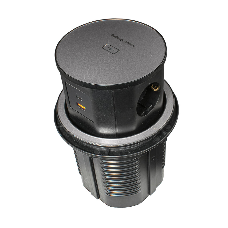 11.800.02.050 Бл.роз.выдв.вертик.POP UP ELIT GLASS,3 роз.EURO,беспр.заряд.15W,USB A+C,вилкой,черный